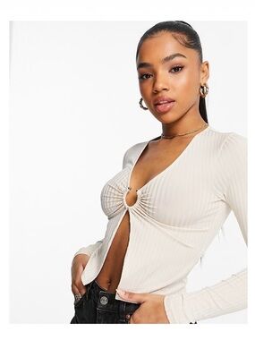 ASOS Cream Ribbed Long-Sleeve Top with Front Ring Detail